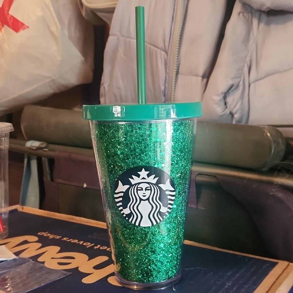Starbucks Emerald Glitter Tumbler with Lid and Straw 16oz Cold Cup